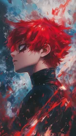 Intense red haired anime profile in dynamic painterly flames