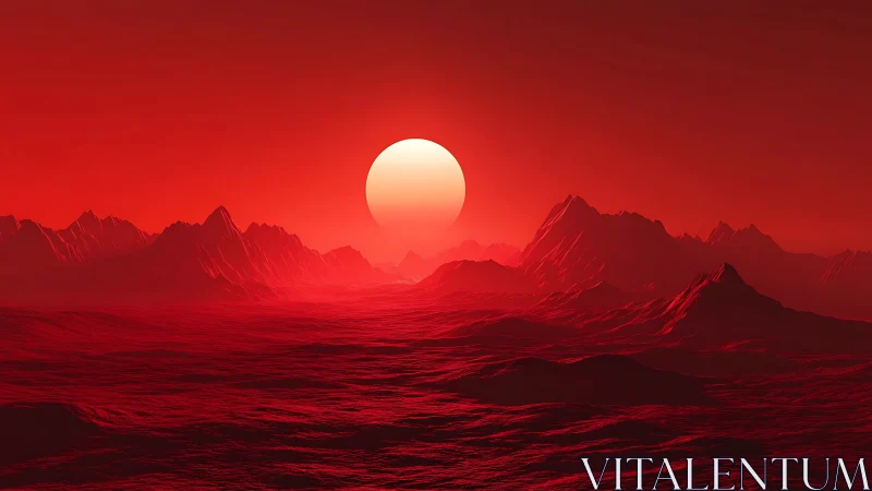 Crimson alien desert under enormous setting sun glow.