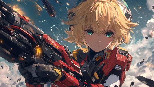 Mecha pilot grips massive railgun amid burning sky.