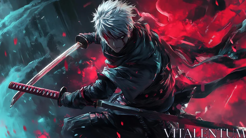 White haired swordsman lunges through swirling red mist