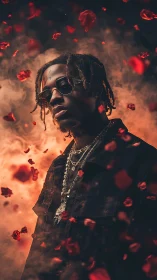 Cool portrait draped in chains and drifting rose petals