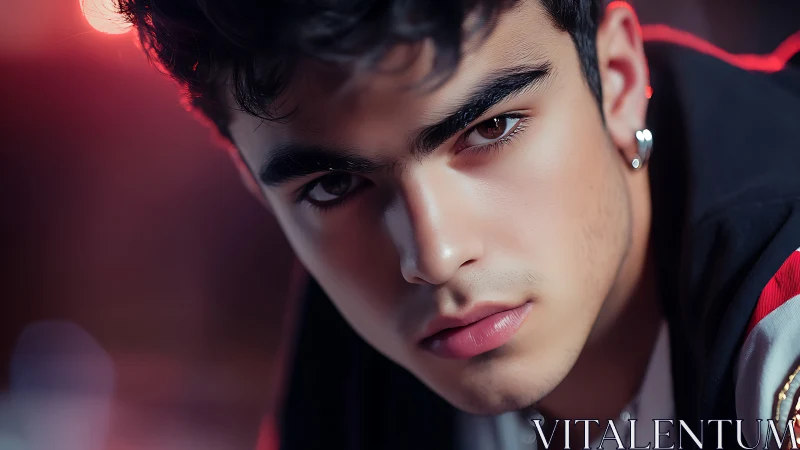 Close male face under red light with shallow depth of field.