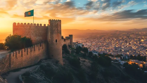 Stone fortification overlooks dense cityscape at sunset