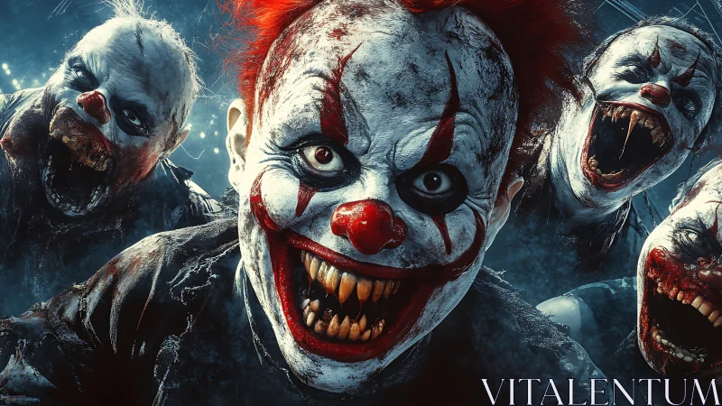 Group of menacing clowns with distorted faces at night.