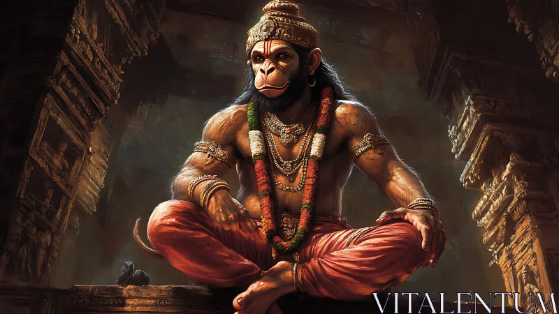 Divine simian guardian seated amid weathered stone temple.