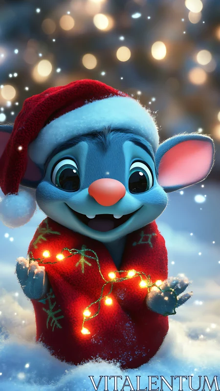 Tiny blue mischief-maker turns fairy lights into snow magic