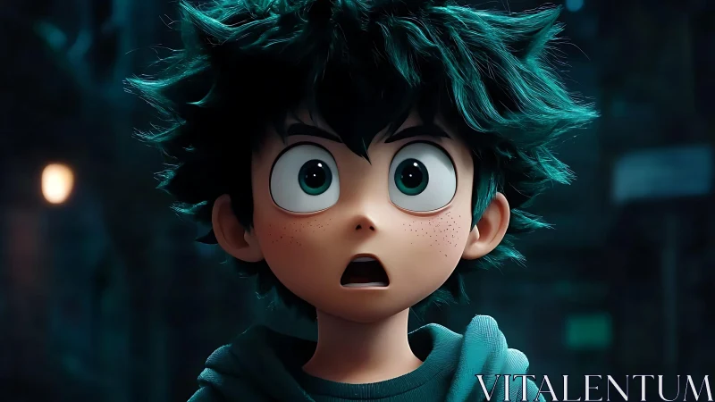 Wide-eyed kid hero caught in a midnight wow moment.