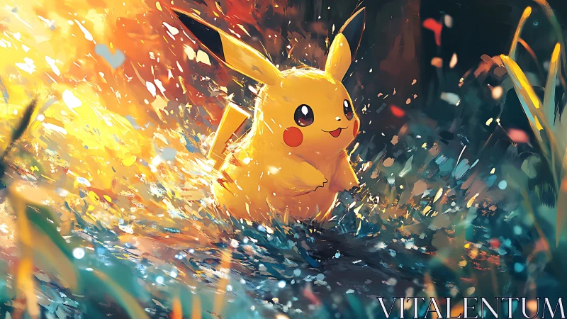 Joyful electric creature dashes through glowing forest light