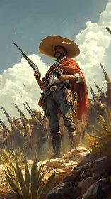 Gallant revolutionary leader stands tall under bright desert sky