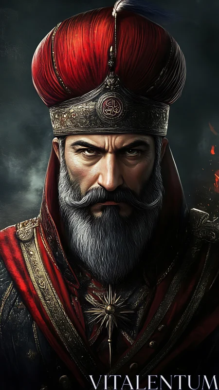 Regal warrior sultan stares ahead in ornate crimson robes.