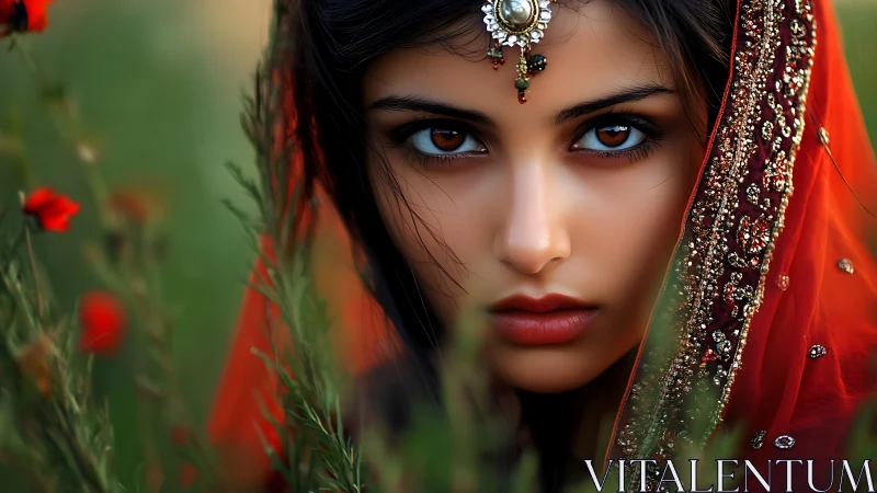 Woman in embroidered red veil amid green foliage outdoors.