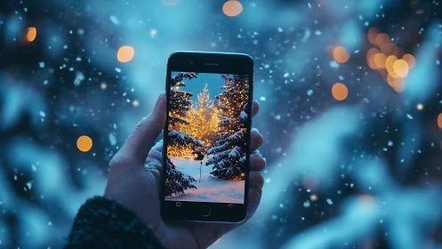 Cozy winter lights captured through a glowing phone frame.