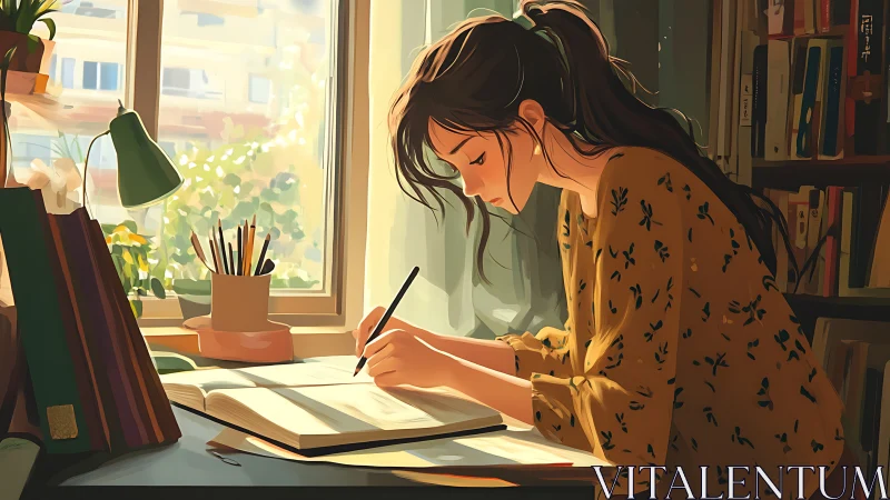 Sunlit afternoon invites a focused young woman to study softly