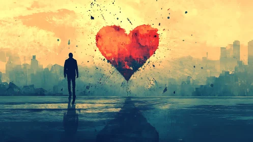 Solitary figure observing oversized heart form cityscape