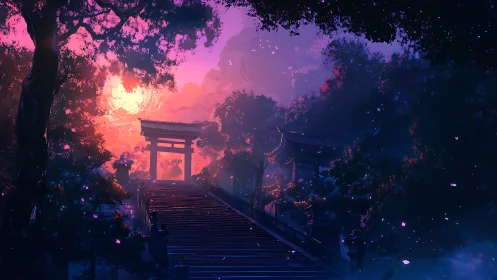 Torii gate at dusk framed by saturated neon twilight forest