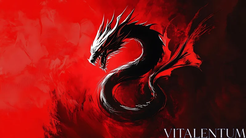 White-edged black dragon coils against vivid red inferno