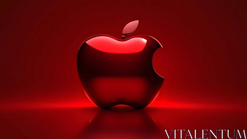 Shiny red apple logo on glossy surface, minimalist 3D style.
