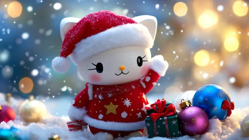 Festive kitty in snow sharing cozy holiday cheer.