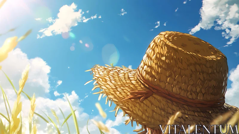 Straw hat in wheat field under bright midday sky.