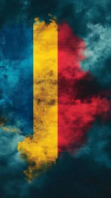 Romania flag vertical tricolor with grunge smoke texture.