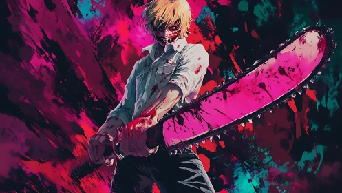 Blood-soaked chainsaw fighter in high-contrast neon splatter field