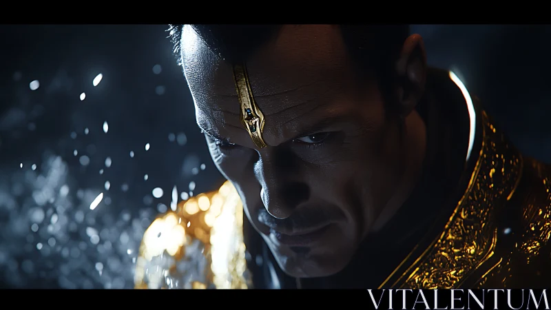 Intense golden sorcerer gazes forward in swirling darkness