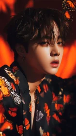 Portrait of young man in butterfly print under warm light