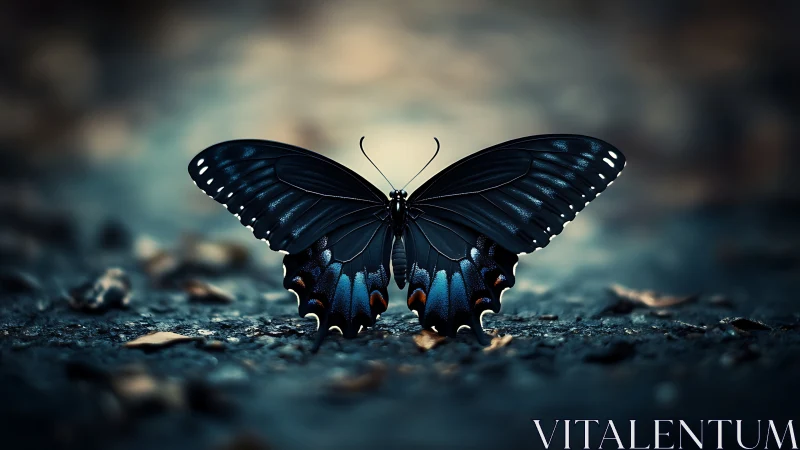 Macro study of a blue-black butterfly in shallow depth of field.
