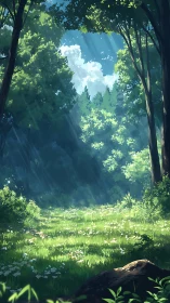 Forest clearing with filtered sunlight through tall trees