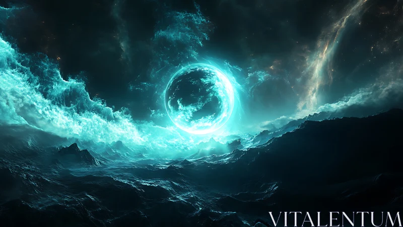 Celestial tide erupts around a luminous orb over alien sea.