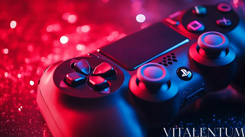 PlayStation controller in vivid red and blue studio lighting.