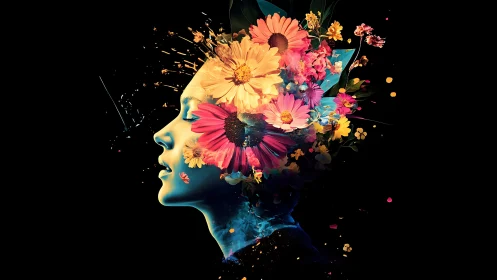 Blooming thoughts flow from a serene, color-splashed mind