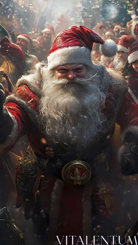 Photorealistic Santa portrait amid festive crowd, cinematic focus.