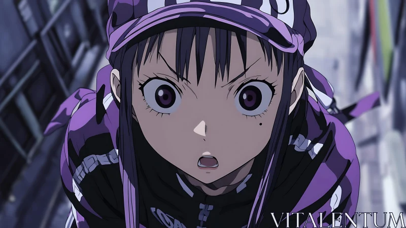 Intense purple-clad anime girl in dynamic urban closeup.