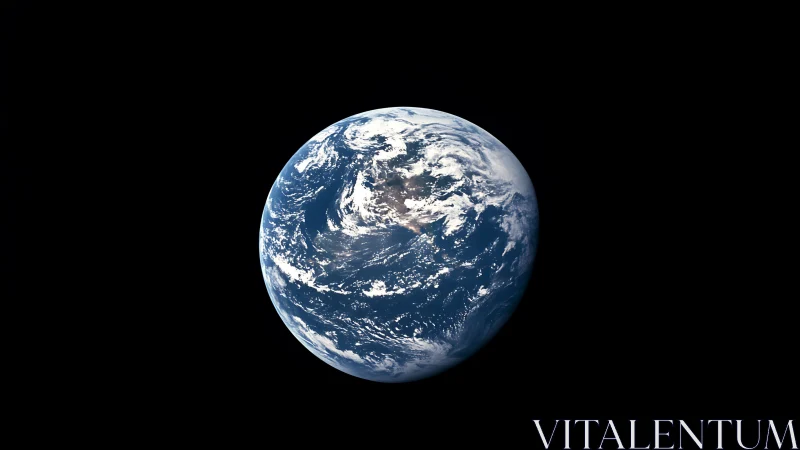 Blue marble Earth in deep black space, full globe view.