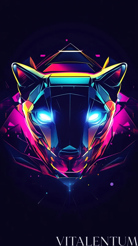 Neon cyber panther head glows in vivid geometric light.