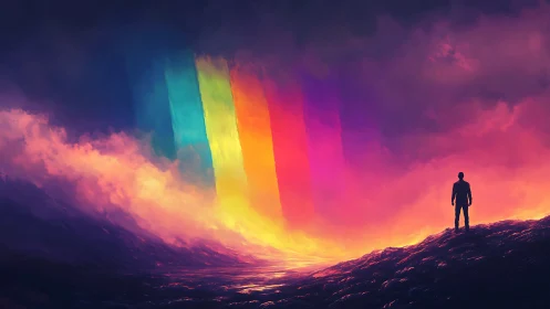 Solitary figure before vertical spectral light bands.