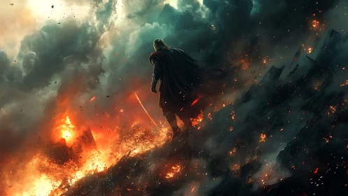 Stormbound warrior over blazing battlefield in ruinous dusk.