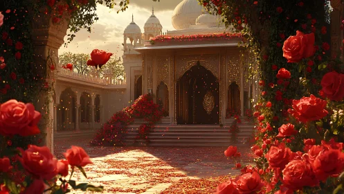Courtyard frames domed pavilion with dense foreground roses