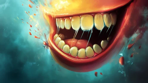 Surreal floating mouth with glowing teeth in teal haze.