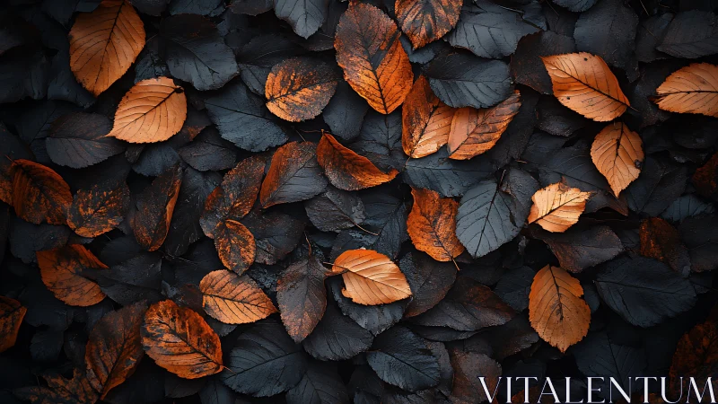 Orange autumn leaves scattered over dark foliage background.
