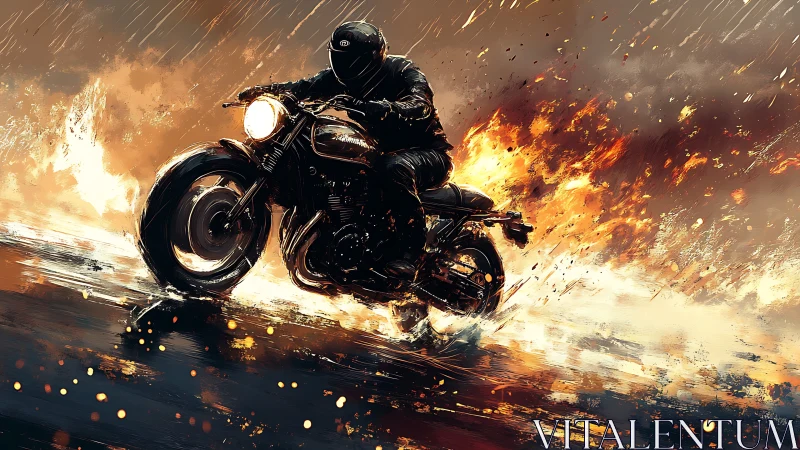 Motorcycle rider cuts through rain and flames in dynamic motion
