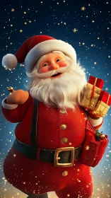 Cartoon Santa Claus holding gifts against starry night sky.