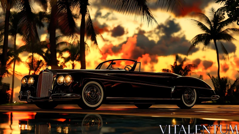 Classic black convertible rendered against dramatic tropical sunset