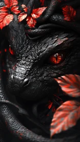 Ember-eyed obsidian dragon entwined in crimson forest vines.
