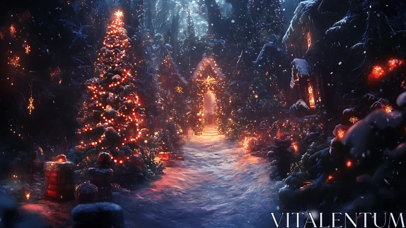Snowy forest lane glowing with enchanted Christmas lights.