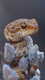 Macro study of horned viper coiled among frosted buds.