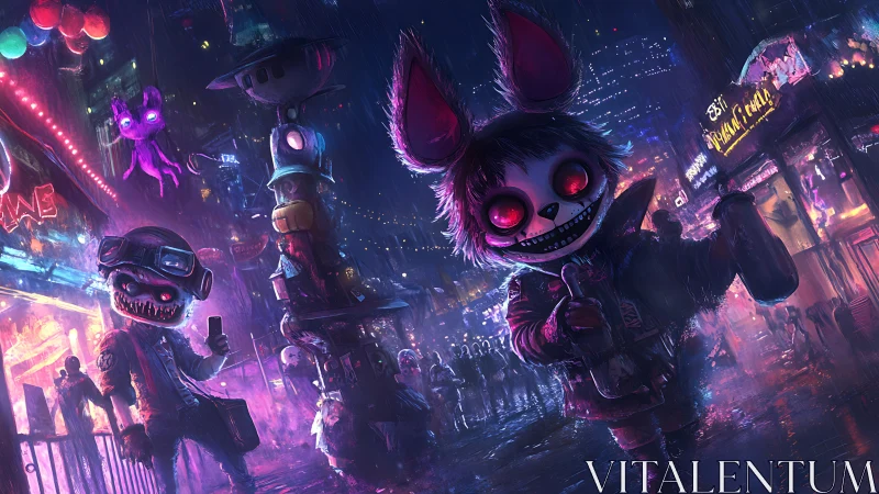 Creepy bunny mascot walks neon rain street at night.