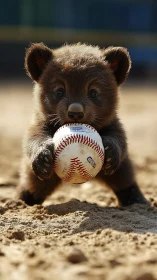 Bear cub grips regulation baseball on sandy infield surface