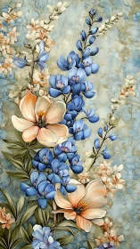 Textured floral illustration with blue and peach blossoms.